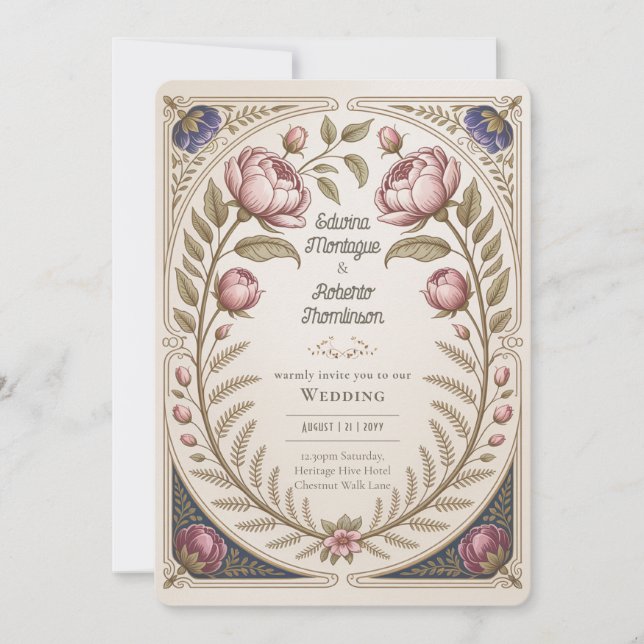 Heritage Art Nouveau Botanical Wedding Peonies Einladung (Vorderseite)