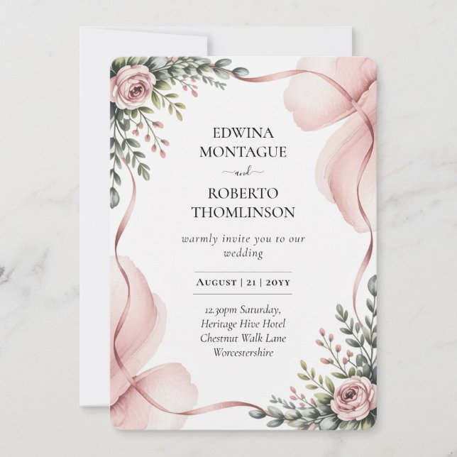 Heritage Blush Floral Ribbon Wedding Einladung (Vorderseite)