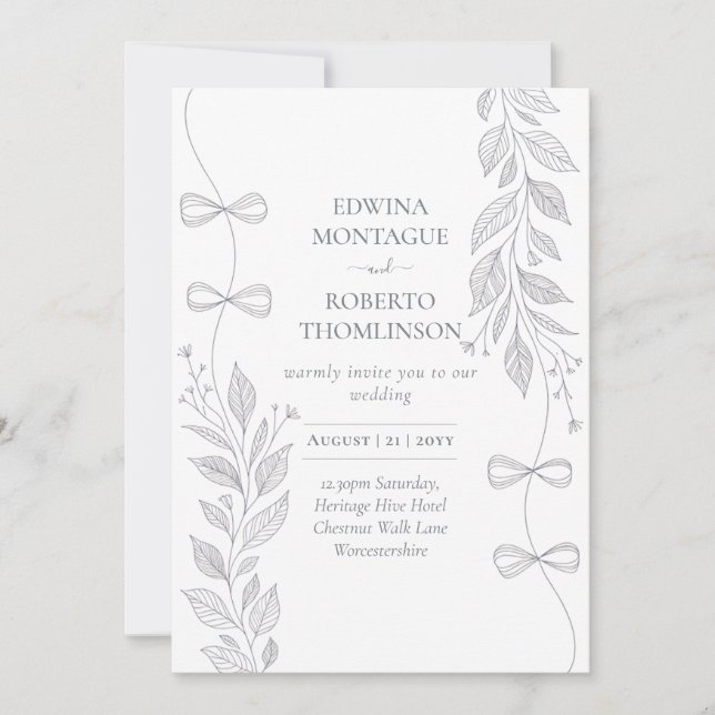 Heritage Botanical Ribbon Line Art Elegant Wedding Einladung (Vorderseite)