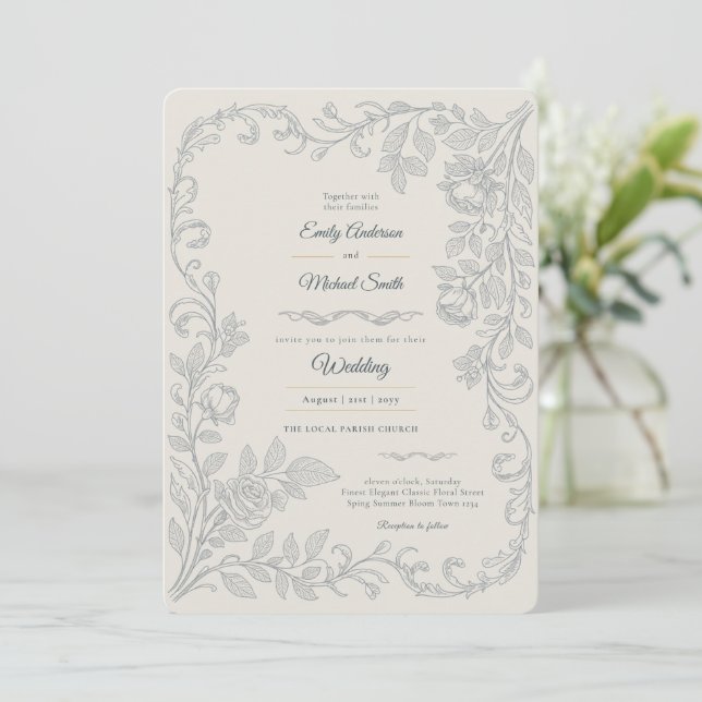Heritage | Edwardian Silver Grey Floral Wedding Einladung (Stehend Vorderseite)