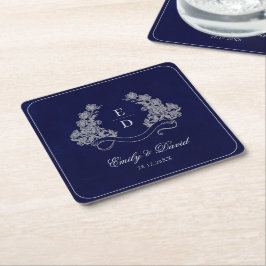 Heritage Floral Crest Navy Monogram Paper Napkin Rechteckiger Pappuntersetzer