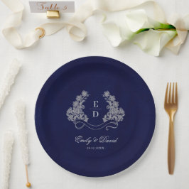 Heritage Floral Crest Navy Monogram Wedding Pappteller