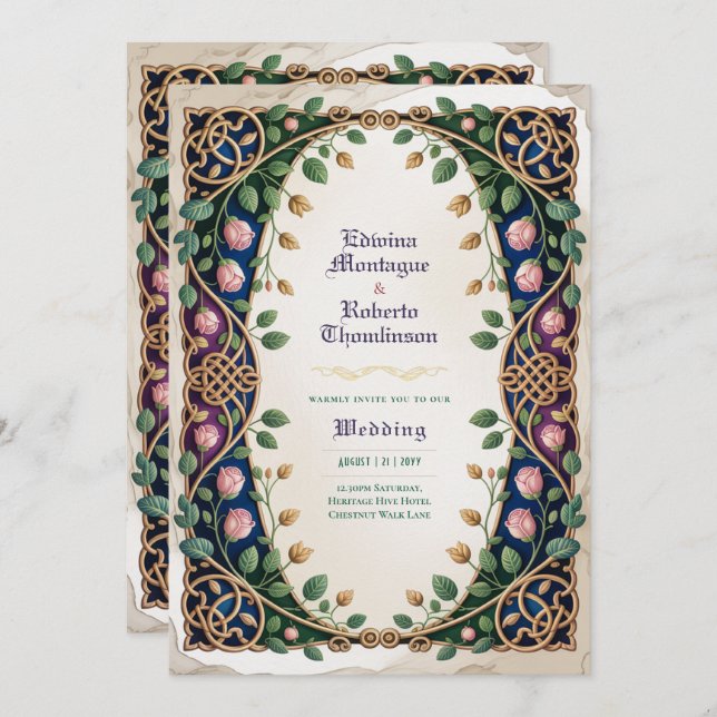 Heritage Medieval Celtic Knot Jewel Gold Wedding Einladung (Vorne/Hinten)