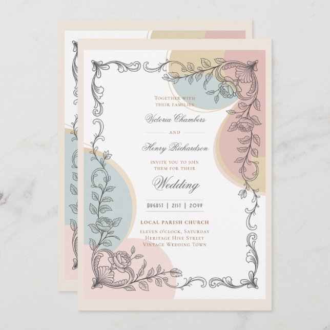 Heritage | Mid-Century Pastel Botanical Wedding Einladung (Vorne/Hinten)