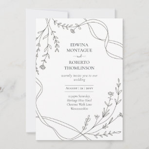 Heritage Minimal Line Art Ribbon & Wildflower Hoch Einladung