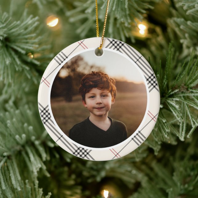 HERITAGE | Neutral Tartan Pattern Photo Keramik Ornament (Baum)