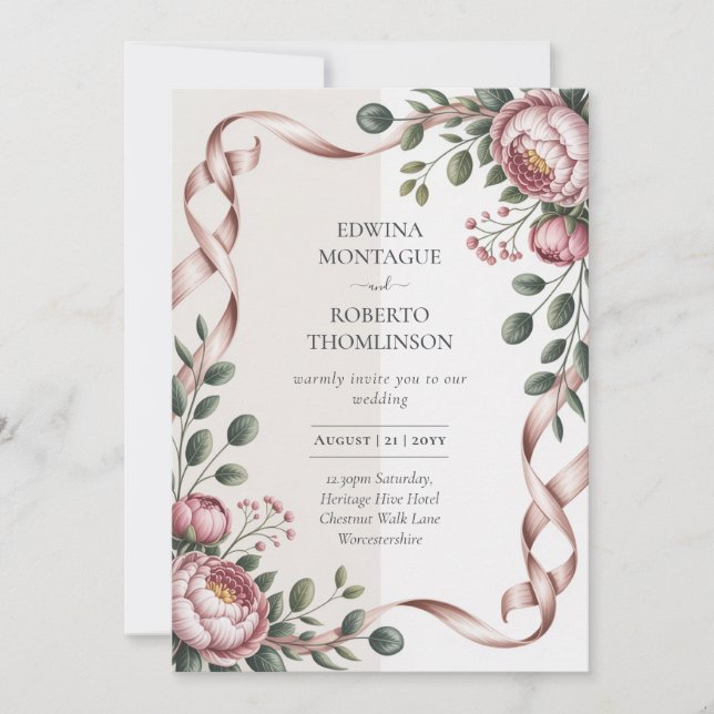 Heritage Peony Ribbon Botanical Elegant Wedding Einladung (Vorderseite)