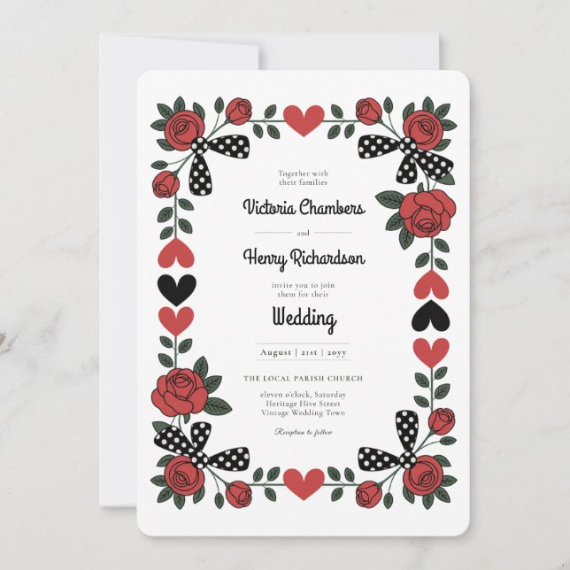 Heritage | Retro 1950s Rockabilly Red Rose Wedding Einladung (Vorderseite)