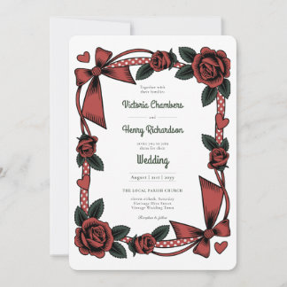 Heritage | Retro 1950s Rockabilly Red Rose Wedding Einladung