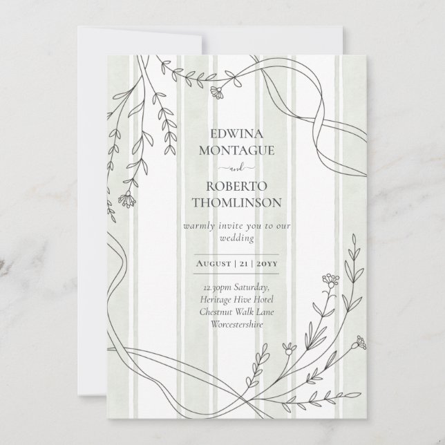 Heritage Stripe & Line Art Botanical Ribbon Weddin Einladung (Vorderseite)
