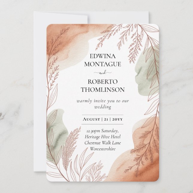 Heritage Terracotta and Sage Botanical Wedding Einladung (Vorderseite)