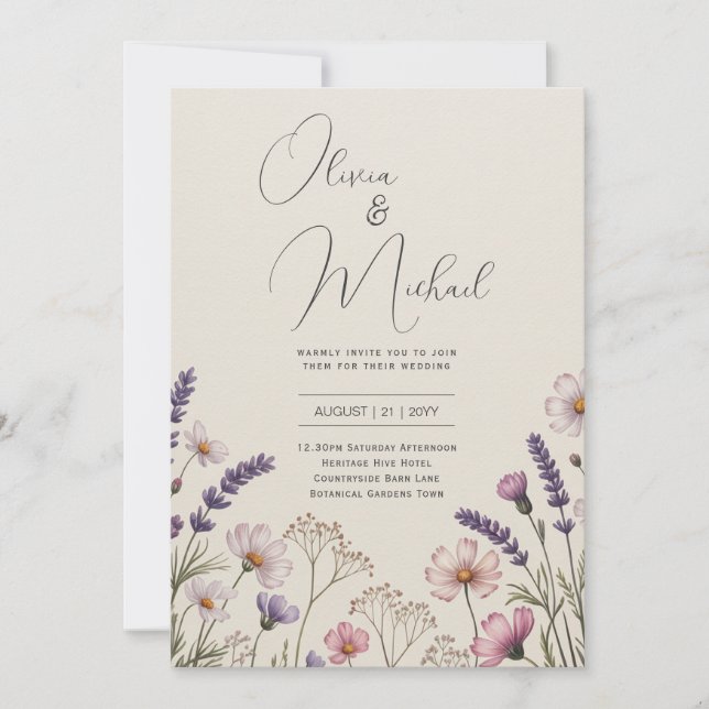 Heritage Wildflower Lavender Blush Rustic Wedding Einladung (Vorderseite)