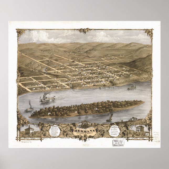 Hermann Missouri 1869 Antike Panoramakarte Poster (Vorne)