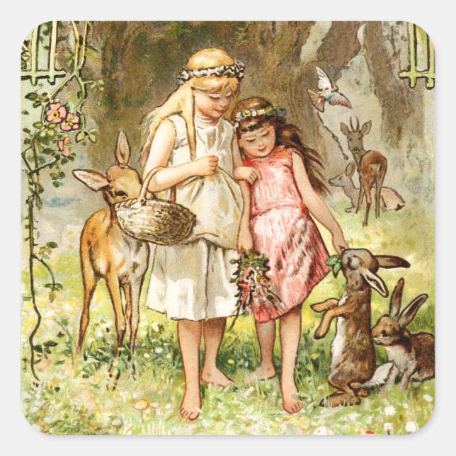 Hermann Vogel - Schneeweiß und Rose Rot Quadratischer Aufkleber (Vorderseite)