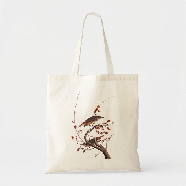 Hermit Thrush Audubon Bird mit Red Berries Tragetasche (Vorne)