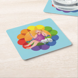 Hermosa chica en columpio con su oso rechteckiger pappuntersetzer