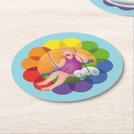 Hermosa chica en columpio con su oso runder pappuntersetzer