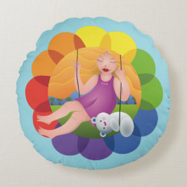 Hermosa chica en columpio con su oso rundes kissen