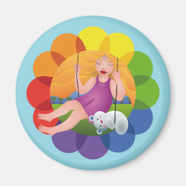 Hermosa chica en columpio y su oso magnet