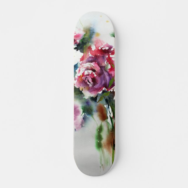 Hermosas Rosas Rojas en Arte Acuarela Skateboard (Vorne)