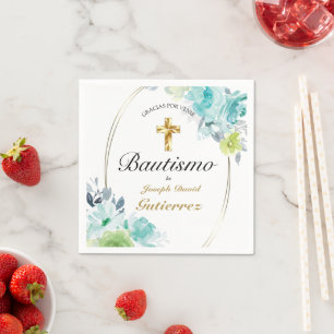 HERMOSO BAUTIZO BEBÉ CRUZADO DE ORO FLORAL AZUL SERVIETTE