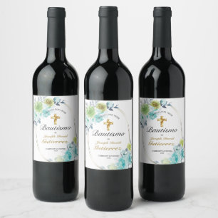 HERMOSO BAUTIZO BEBÉ CRUZADO DE ORO FLORAL AZUL WEINETIKETT