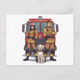 Heroic Firefighter Duo and Dalmatian Postcard Postkarte