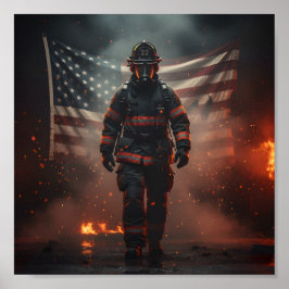Heroic Firefighter with American Flag Patriotic Poster