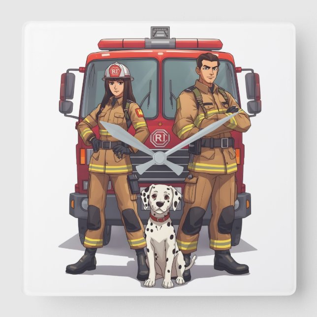 Heroic Firefighters & Dalmatian Wall Clock Quadratische Wanduhr (Vorderseite)