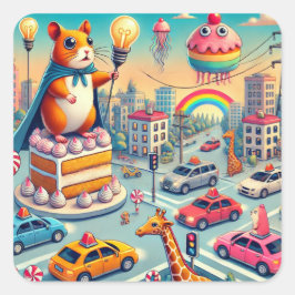 Heroic Hamster auf Cake in Fantasy City Quadratischer Aufkleber