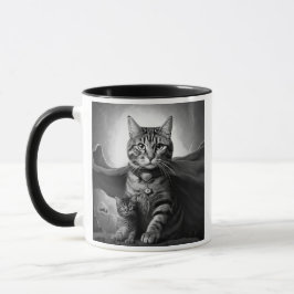 Heroische Katze mit Umhang und Kätzchen. Tasse
