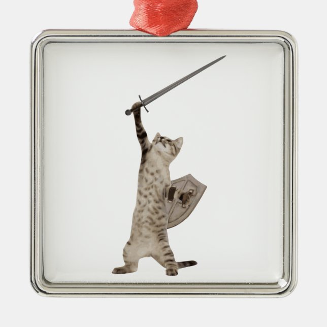 Heroische Kriegers-Ritter-Katze Silbernes Ornament (Vorne)
