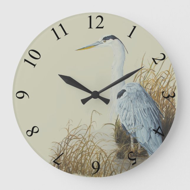 Heron an der Marsh Edge Große Wanduhr (Vorderseite)