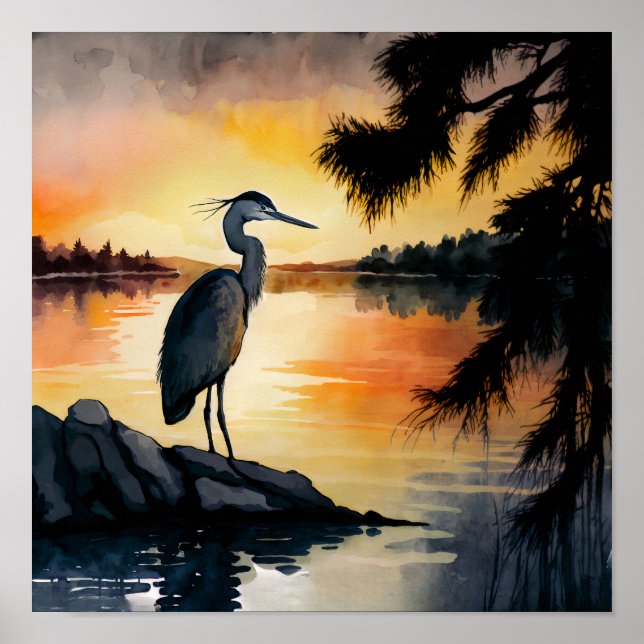 Heron beobachtet die Wasserfarbe des Sonnenunterga Poster (Vorne)