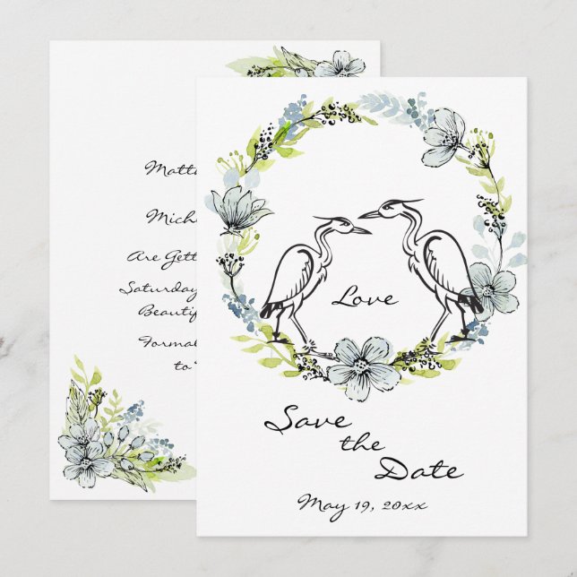 Heron Bird Couple und Blume Wreath Save the Date Einladung (Vorne/Hinten)