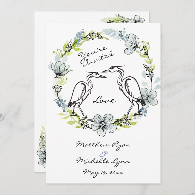 Heron Bird Couple und Blume Wreath Wedite Einladun Einladung (Vorne/Hinten)