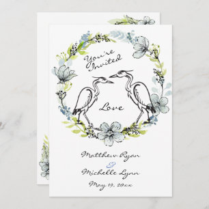 Heron Bird Couple und Blume Wreath Wedite Einladun Einladung