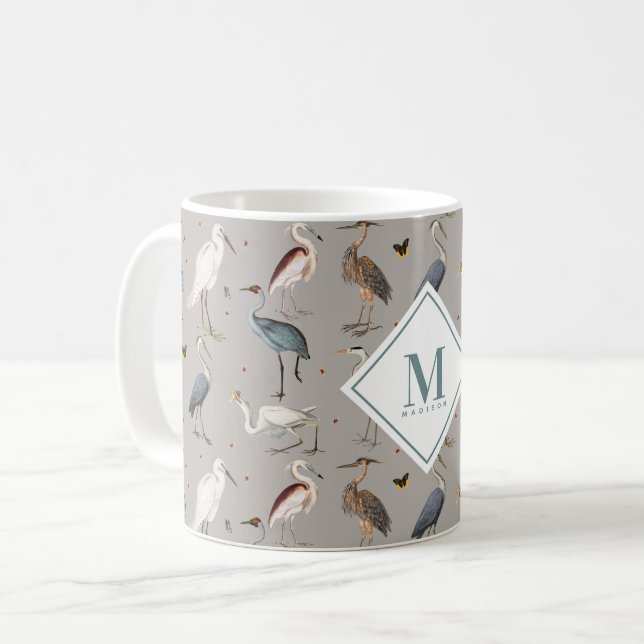 Heron Bird Egret Nature Mit Monogramm Kaffeetasse (Vorderseite Links)