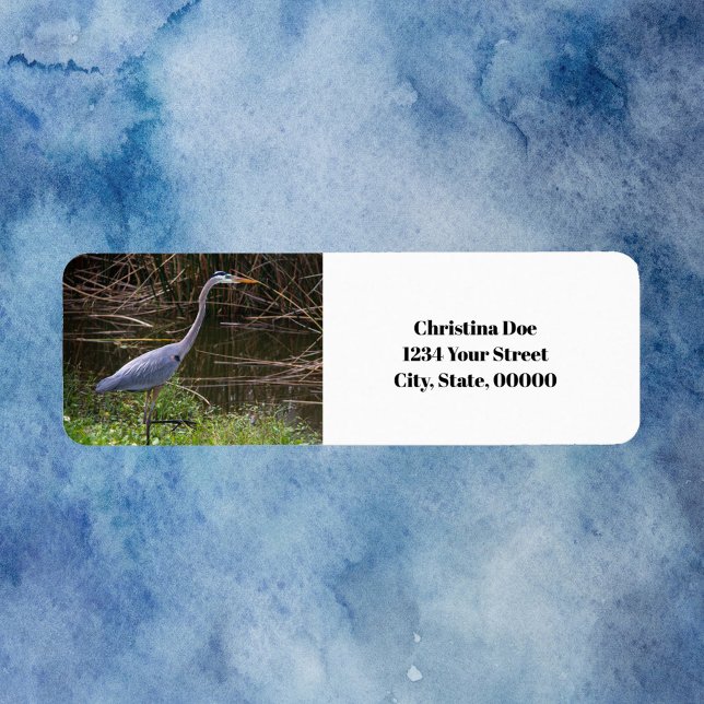 Heron Bird Foto Personalisieren Rücksendeadresse (A return address label with a photograph of a great blue heron bird.  The text can be changed.)