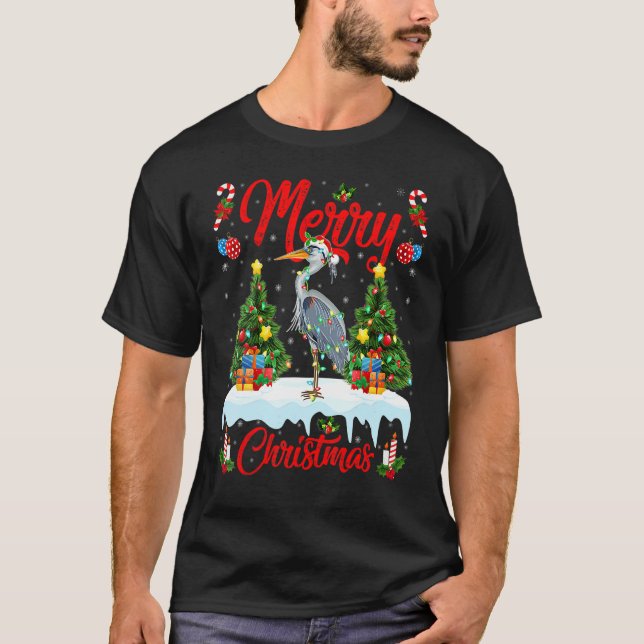 Heron Bird Lights Xmas Tree Santa Heron Christmas T-Shirt (Vorderseite)