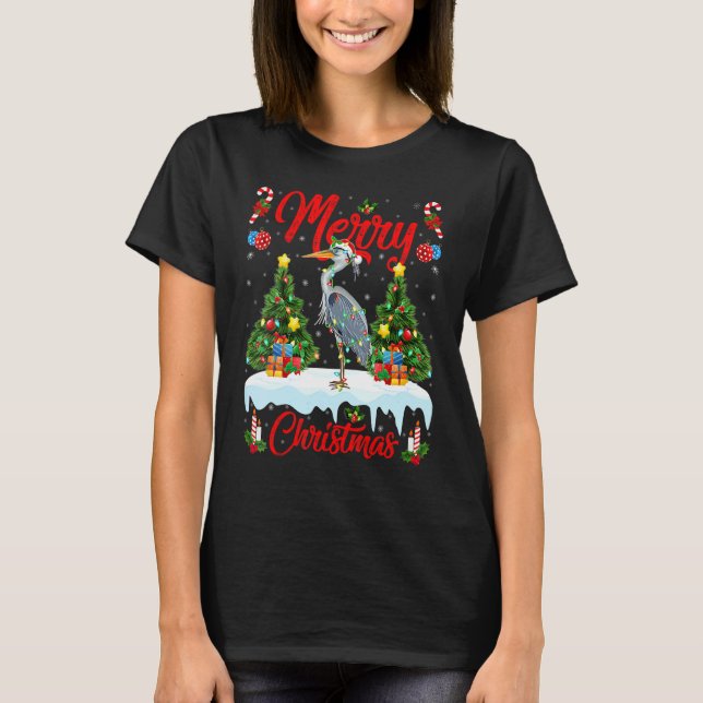 Heron Bird Lights Xmas Tree Santa Heron Christmas T-Shirt (Vorderseite)
