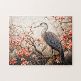 Heron in red foliage pond illustration puzzle