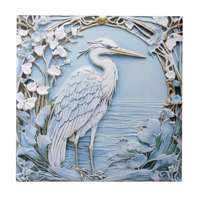 Heron Sea Bird Art Nouveau Imitats Relief Right Bl Fliese (Vorderseite)