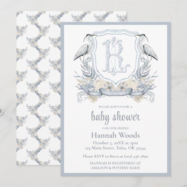 Heron Specialty Monogram Babyparty Einladung (Vorne/Hinten)