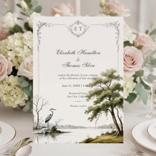 Heron Toile Französische Landhaus-Monogramm-Hochze Einladung