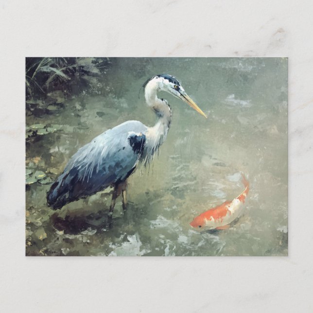 Heron und Vibrant Koi Fish Postkarte (Vorderseite)