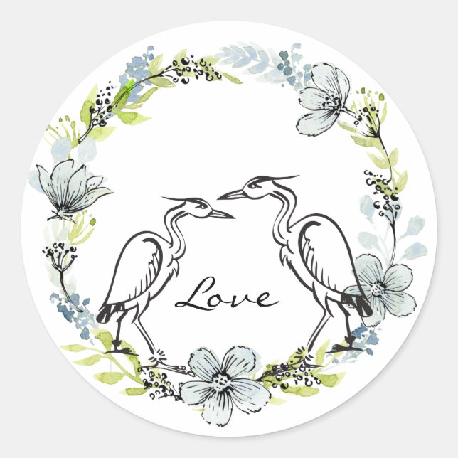 Heron Water Bird Couple ~ Blue, Green Blume Liebe Runder Aufkleber (Vorderseite)