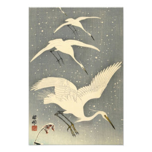 Herons von Ohara Koson in Snow Fotodruck