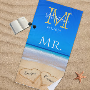 Herr Beach Wedding Hearts in Sand Family Monogram  Strandtuch