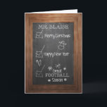 Herr Blaise, Christmas Football Coach, Chalkboard Feiertagskarte<br><div class="desc">Chalkboard-Look mit Checkboxen und individuell für den Namen wird eine großartige personalisierte Karte für Ihren Fußball-Coach! Wünschen Sie Ihrem Fußballtrainer ein frohes Weihnachtsfest und ein glückliches Neues Jahr, wenn er die Kisten für eine Siegesaison aus den Kisten Karo. Chalkboard-Look mit Checkboxen und individuell für den Namen wird eine großartige personalisierte...</div>